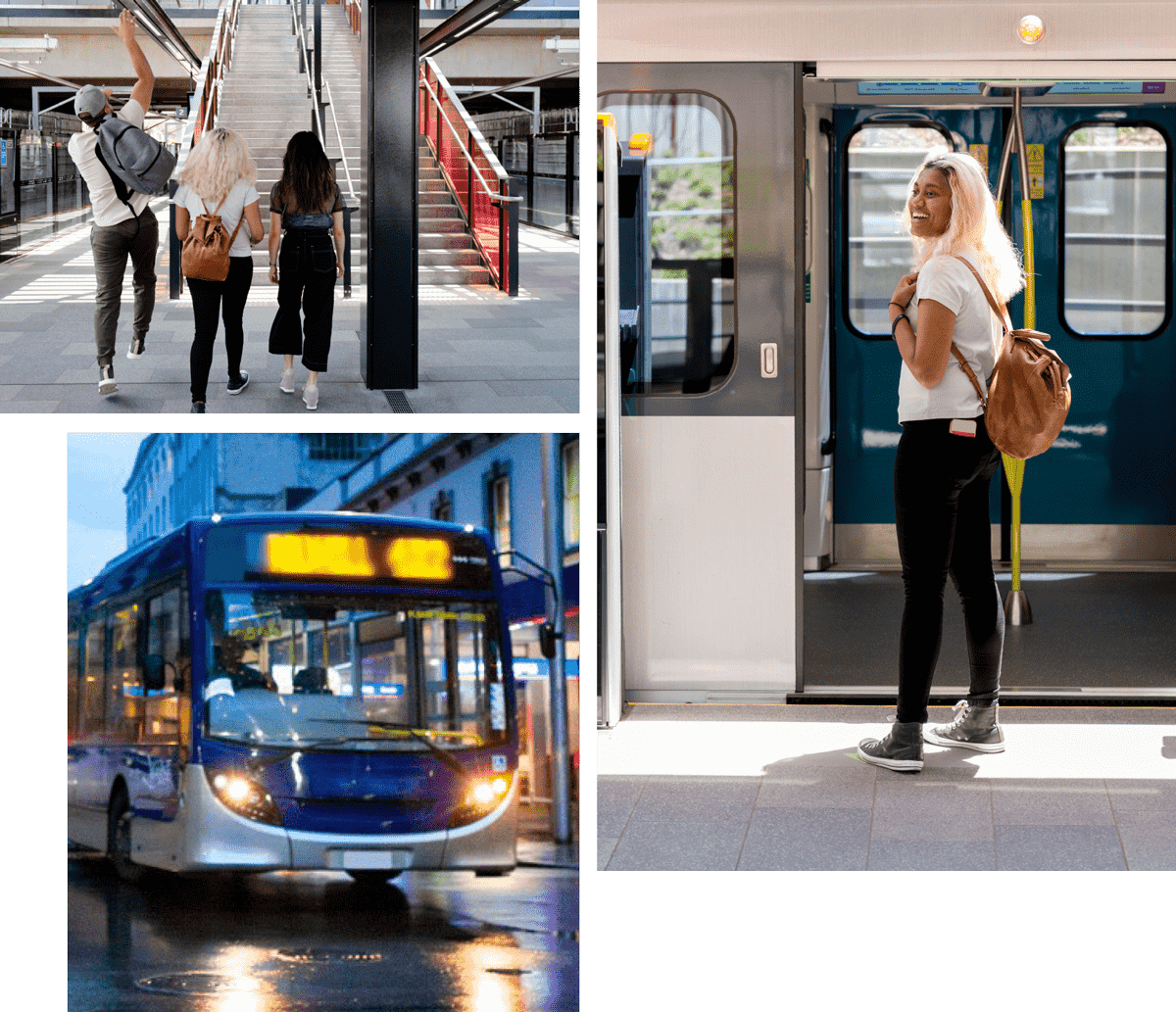 People at train station, and a bus headed to Dress Smart