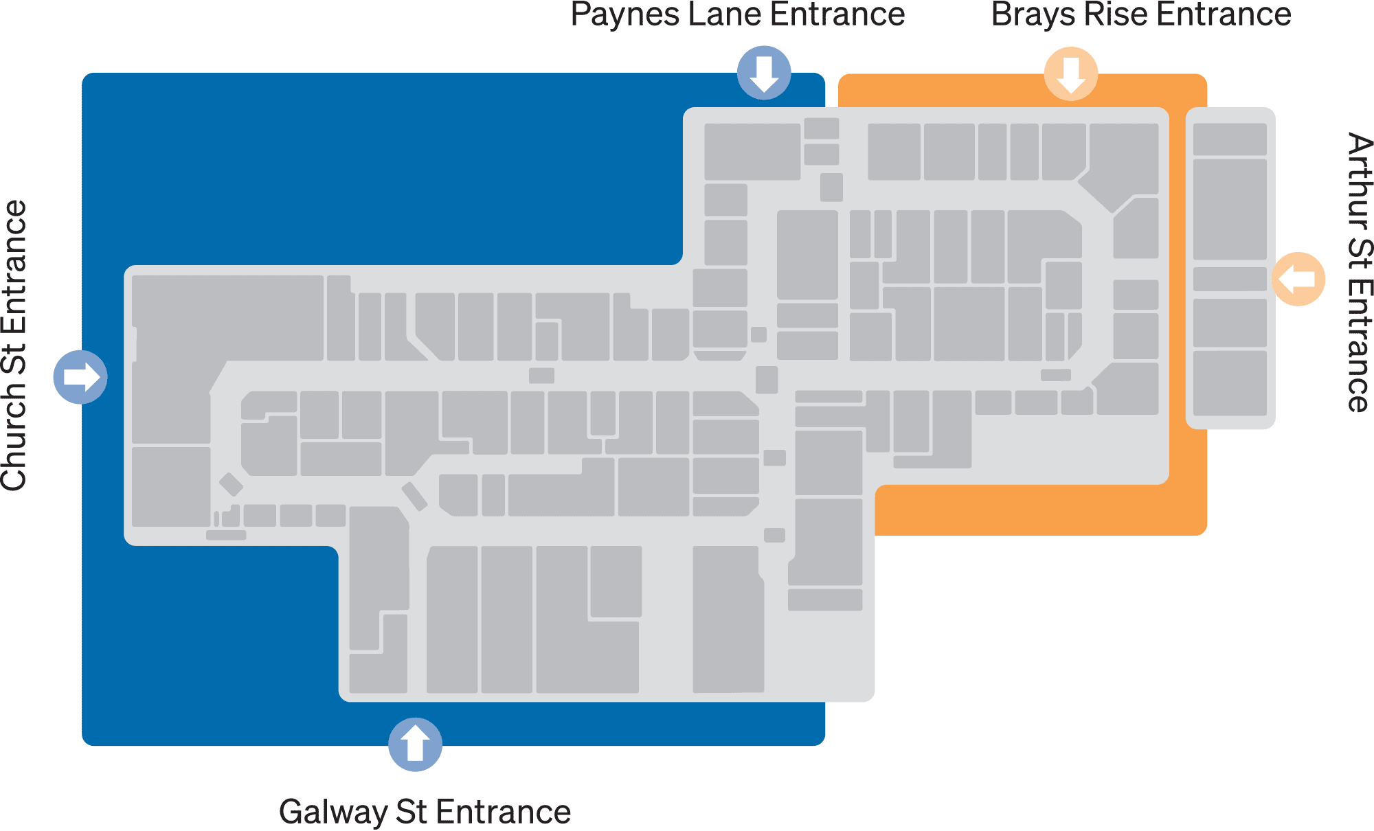 Map showing carpark entrances