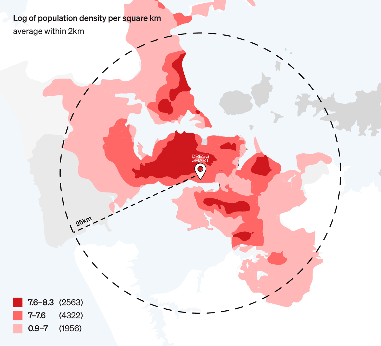 Map showing the trade area of Dress Smart Auckland, with population density information overlaid on top.