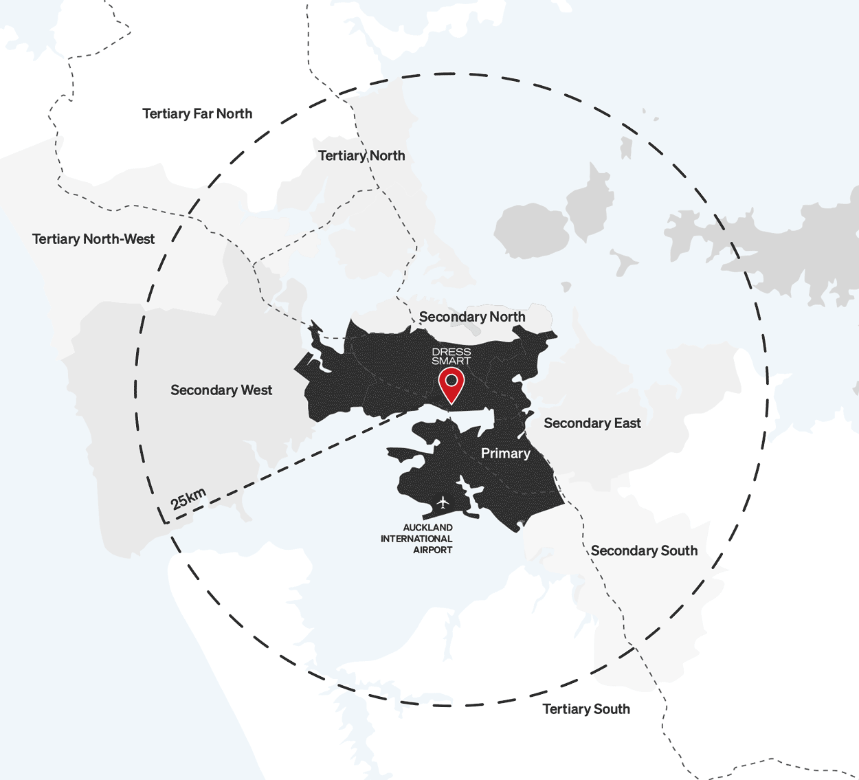 Map showing the trade area of Dress Smart Auckland, including primary, secondary, and tertiary trade areas.