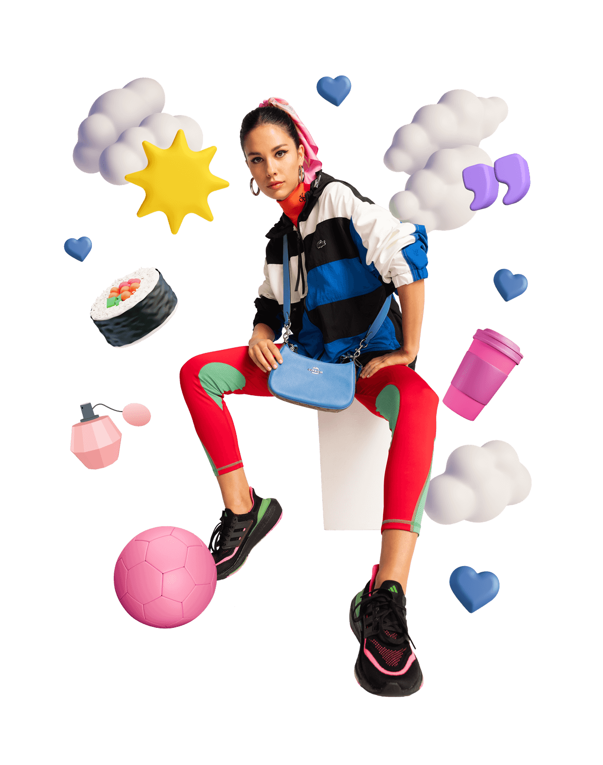 Photo of a person wearing a Lacoste jacket, adidas shoes, and a Coach handbag. There are several fun 3D oversized objects rendered around the person, including a sun, a piece of sushi, a takeaway coffee cup and love hearts.