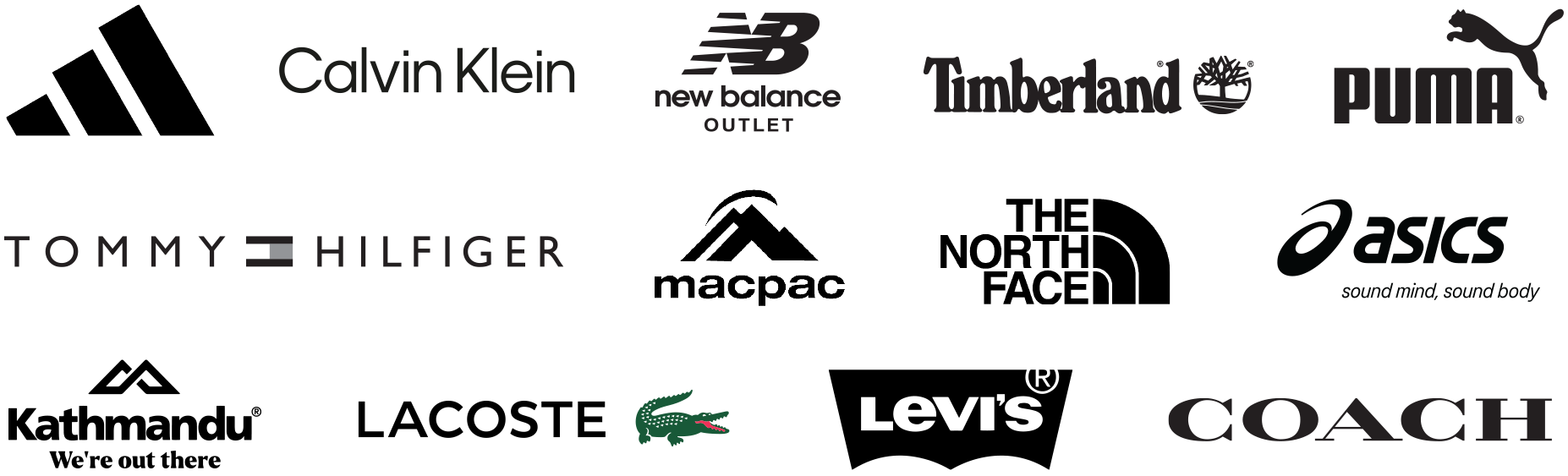 Stack of logos showing Dress Smart brands, including adidas, Calvin Klein, Coach, New Balance, Lacoste
