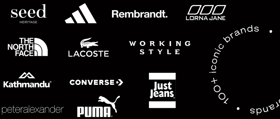 Stack of logos showing some of the brands at Dress Smart Auckland, including adidas, Working Style, Lorna Jane and more