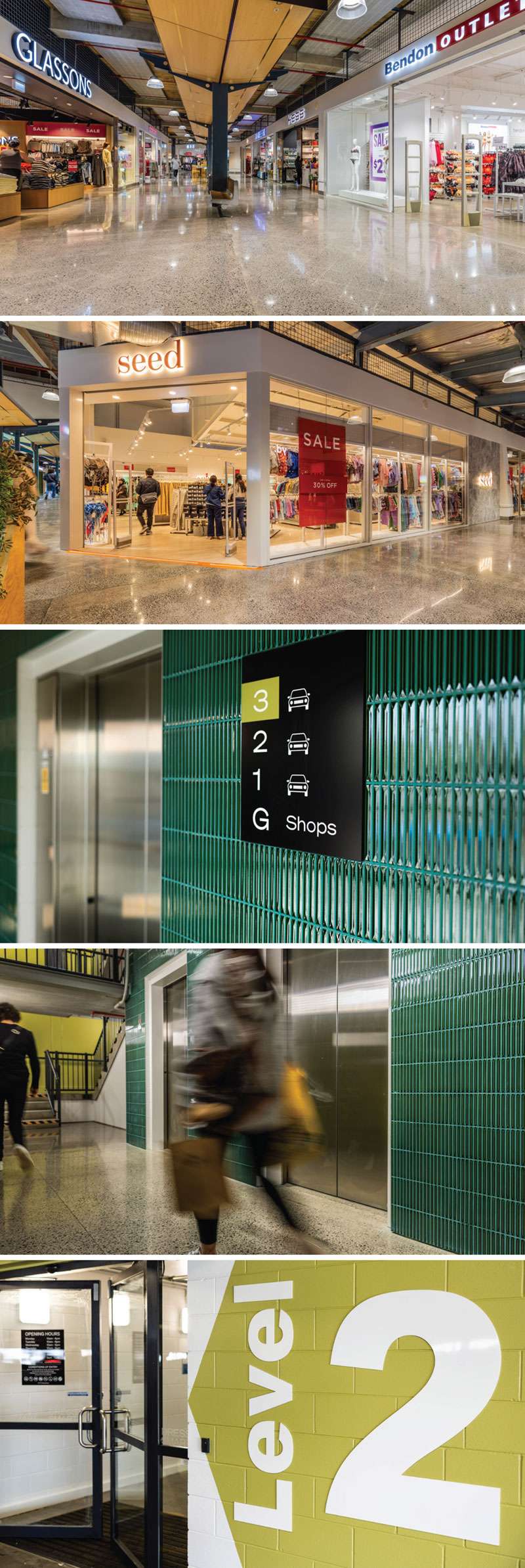 Photos showing the new concrete flooring at Dress Smart Auckland, as well as the new "green carpark" and way-finding signage